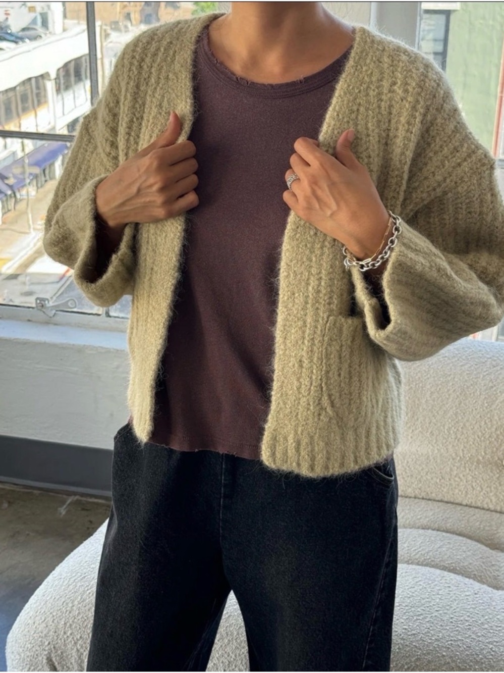 Open-Front Olive Knit Cardigan for Women